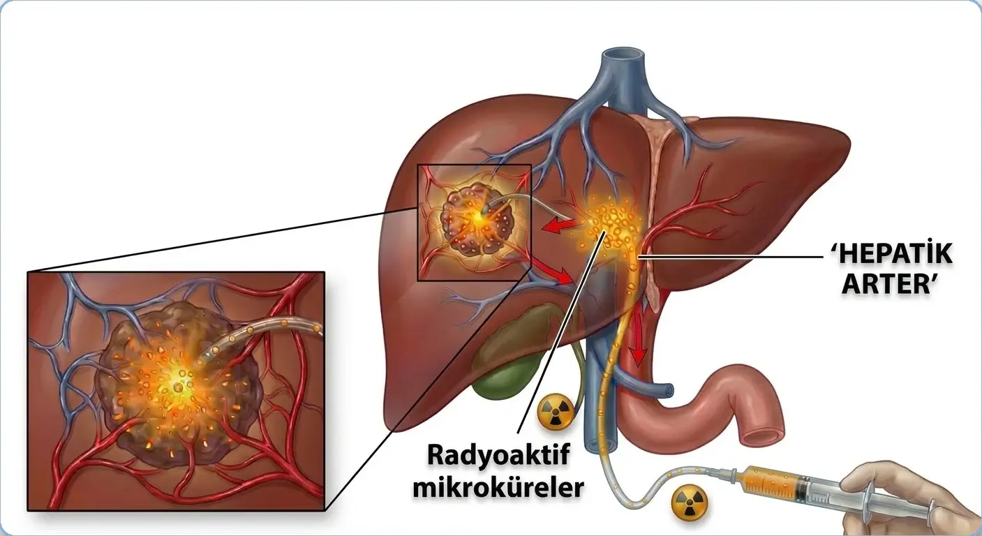 Radyoembolizasyon: kateterle karaciğer atardamarına verilen radyoaktif mikroküreler tümörü besleyen damarlarda tutulur