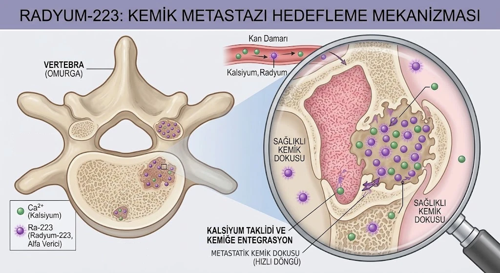 Radyum-223 kemik metastazı hedefleme mekanizması: kalsiyuma benzeyen Radyum-223 kan dolaşımıyla omurdaki metastatik kemik dokusuna yerleşir